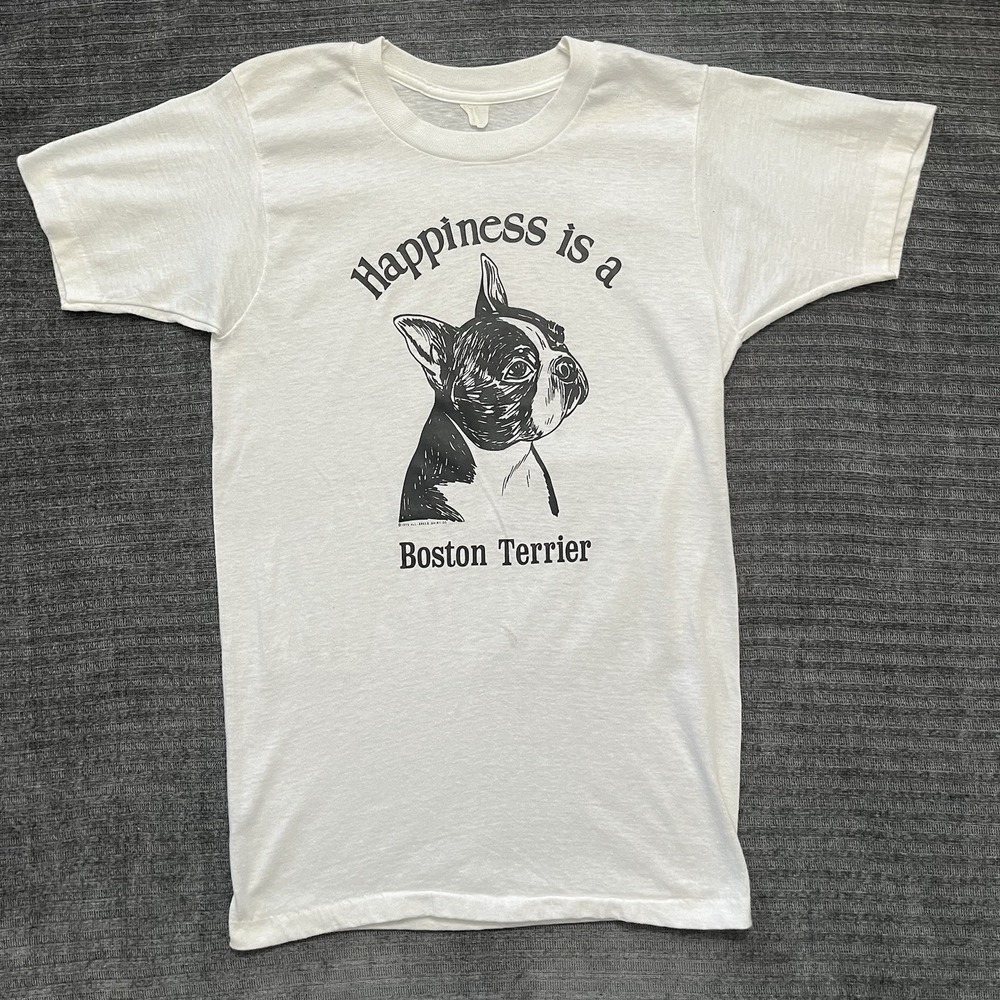 Vintage 70's single stitch T-Shirt Happiness is a Boston Terrier White Small HTF